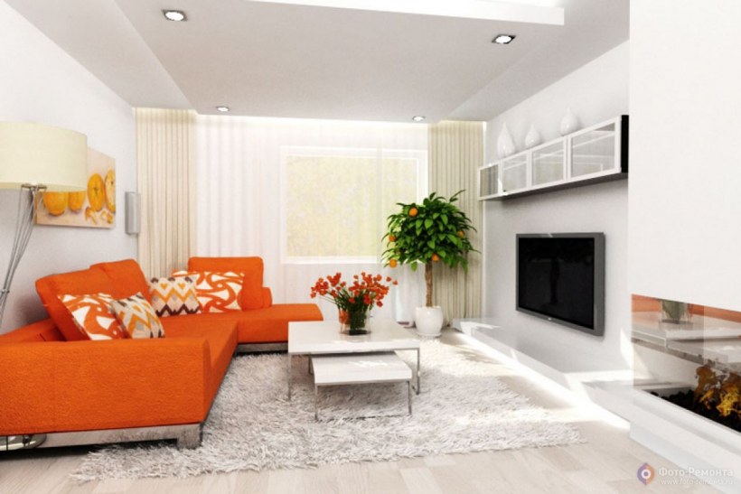 Гостиная в бело оранжевых тонах