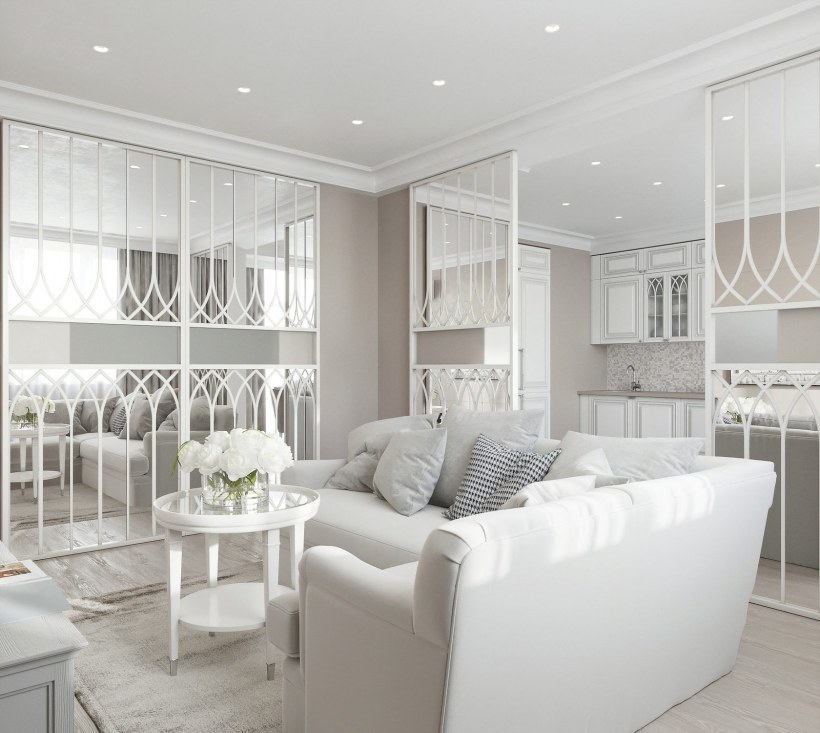 Гостиная в неоклассическом стиле в светлых тонах