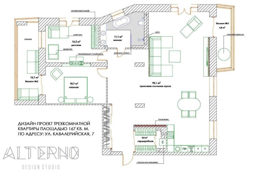 Трехкомнатная квартира с объединенной кухней планировка