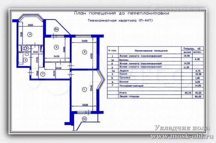 План квартиры с размерами 3х комнатных