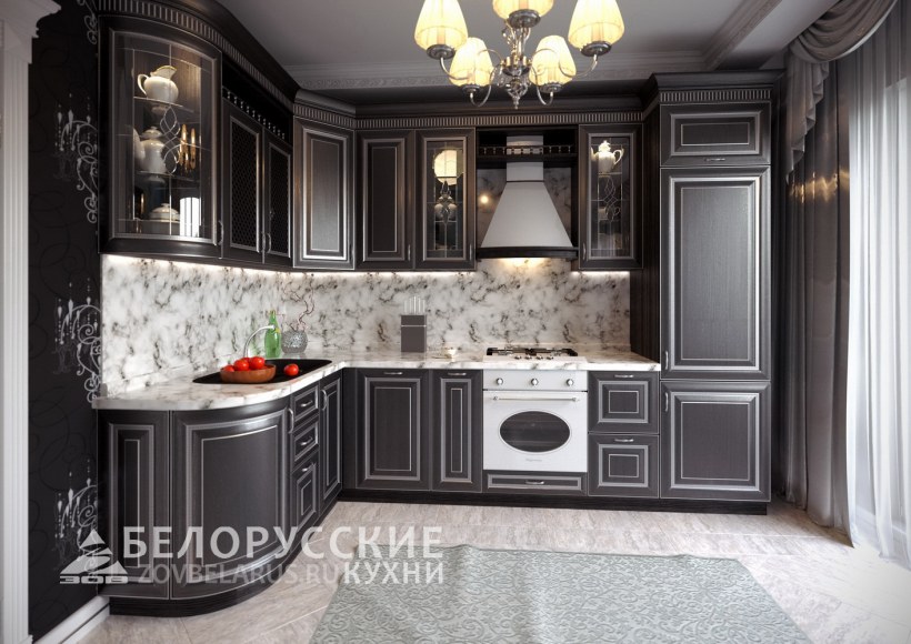 Кухня Венеция патина серебро черная столешница