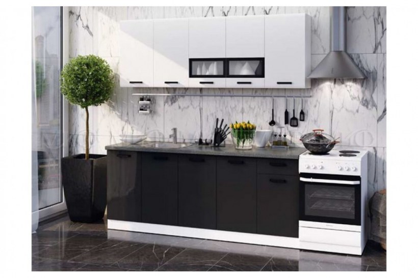 Кухня Рио 2.0 м белый глянец холодный / черный глянец