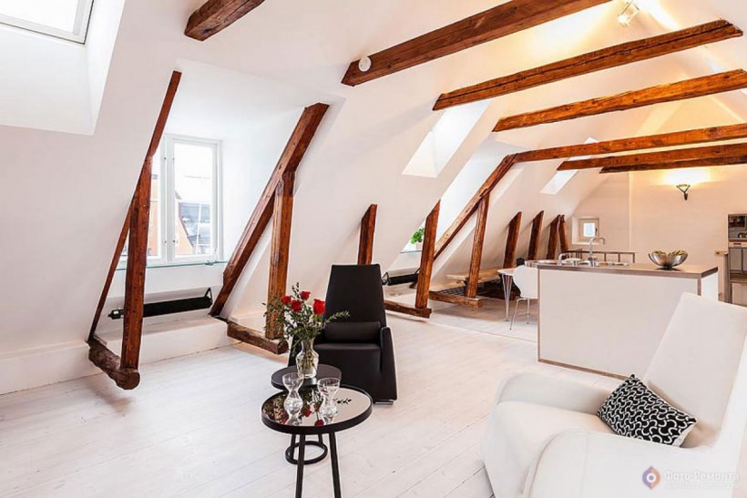 Мансардные балки в интерьере