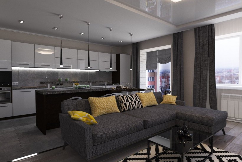 Кухня-гостиная дизайн 30 кв.м в черном цвете