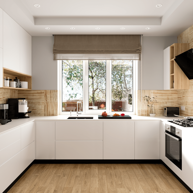 П образные кухни с мойкой у окна