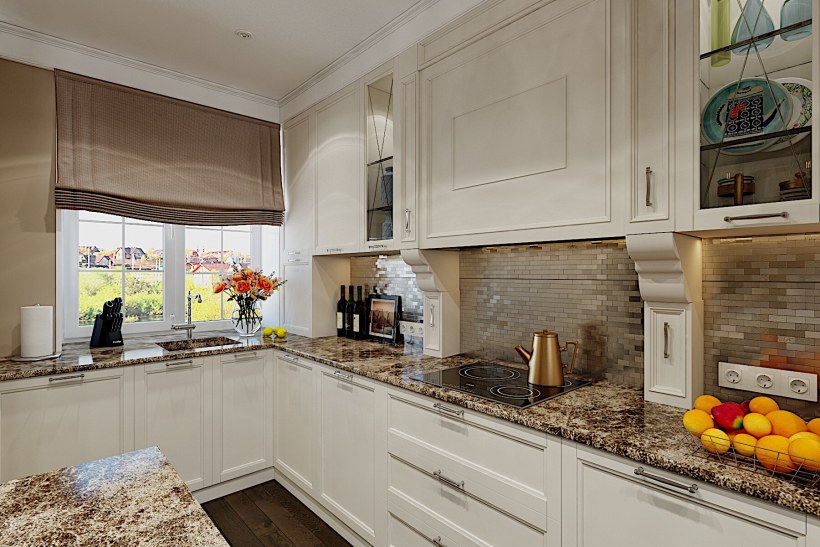 Мойка у окна на кухне в частном доме