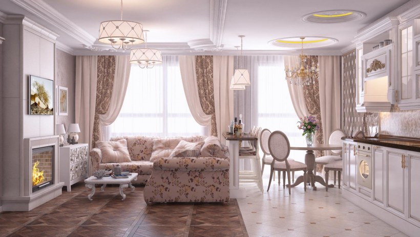 Кухня-гостиная 40 м2 в стиле Неоклассика