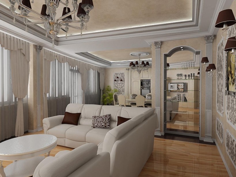 Шторы в гостиную совмещенную с кухней