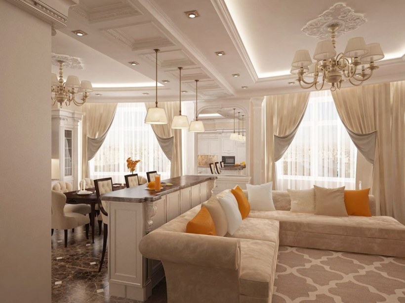 Гостиная совмещенная с кухней классика