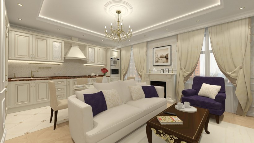 Гостиная совмещенная с кухней в классическом стиле