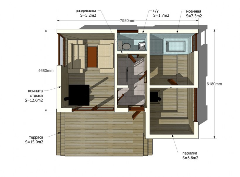 Планировка сауны 6кв м