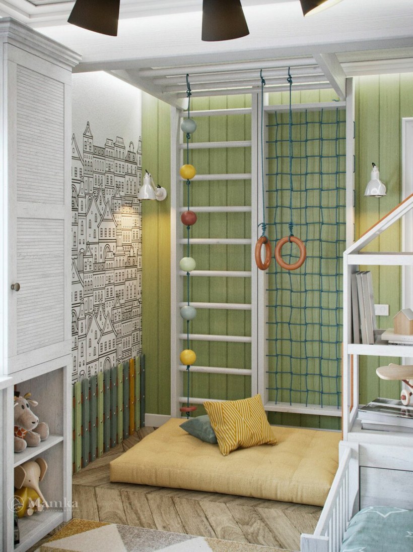 Детская комната для школьника мальчику со шведской стенкой 17 кв м