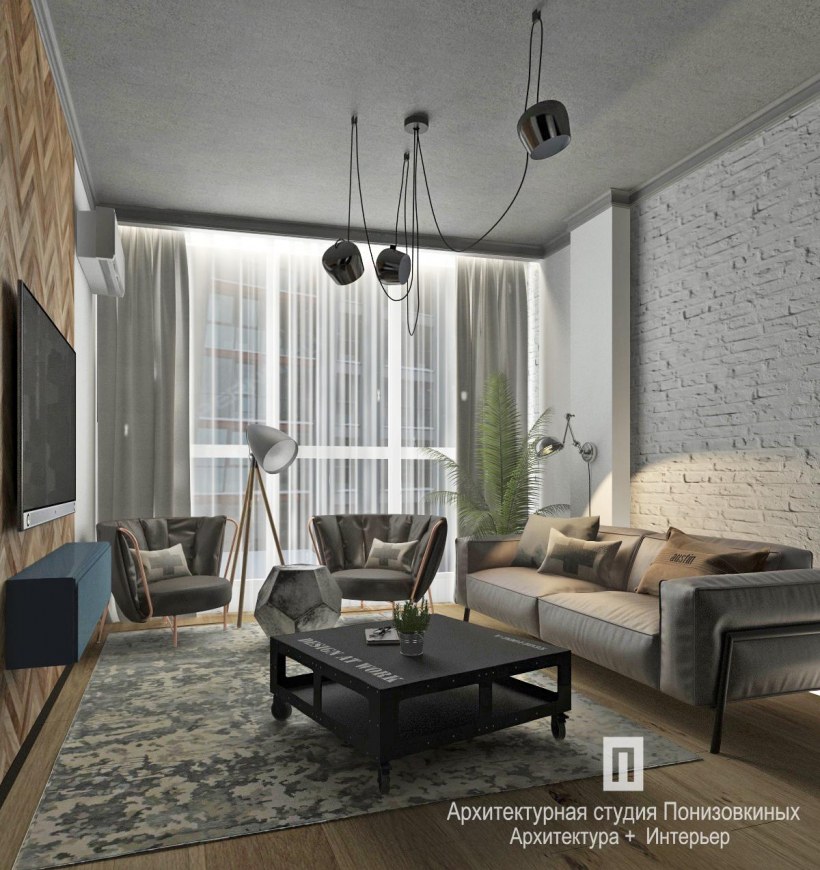 Гостиная в стиле лофт в светлых тонах