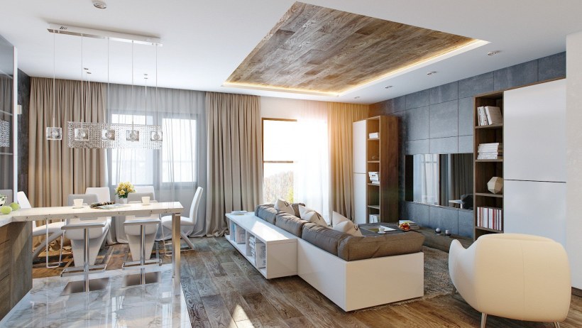 Кухня гостиная белая с деревом