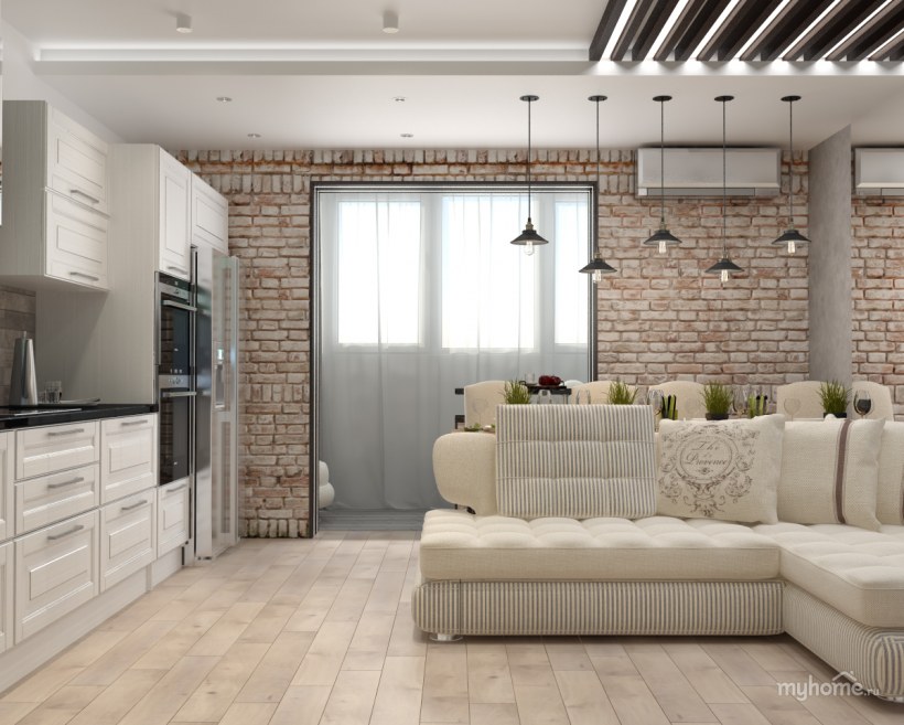 Кухня гостиная в стиле лофт белая