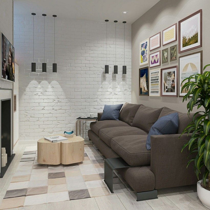 Гостиная в стиле лофт белый кирпич