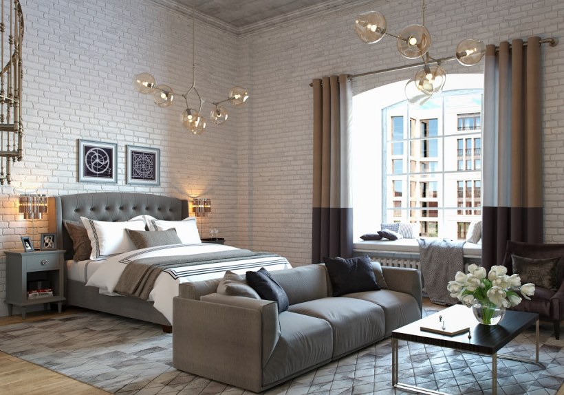 Шторы в стиле лофт в спальне