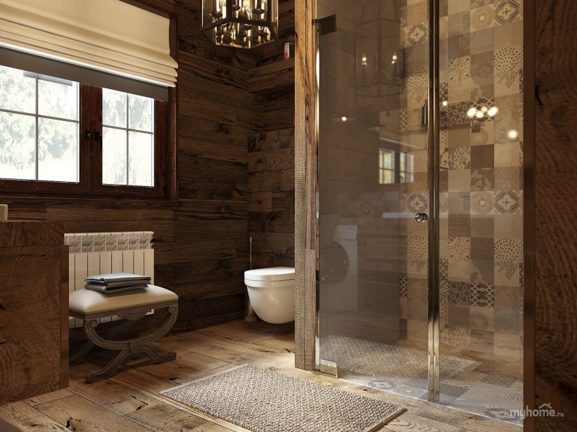 Душевая в деревянном доме в стиле Шале