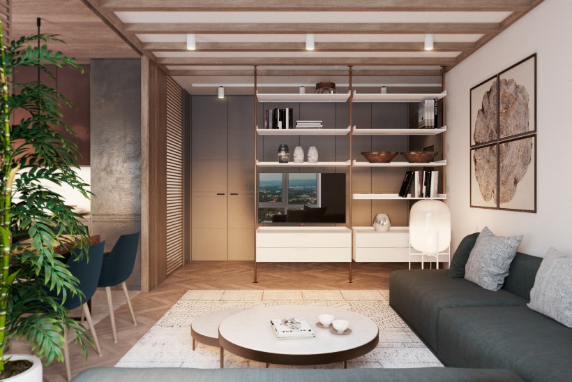 Гостиная в стиле лофт с угловым диваном