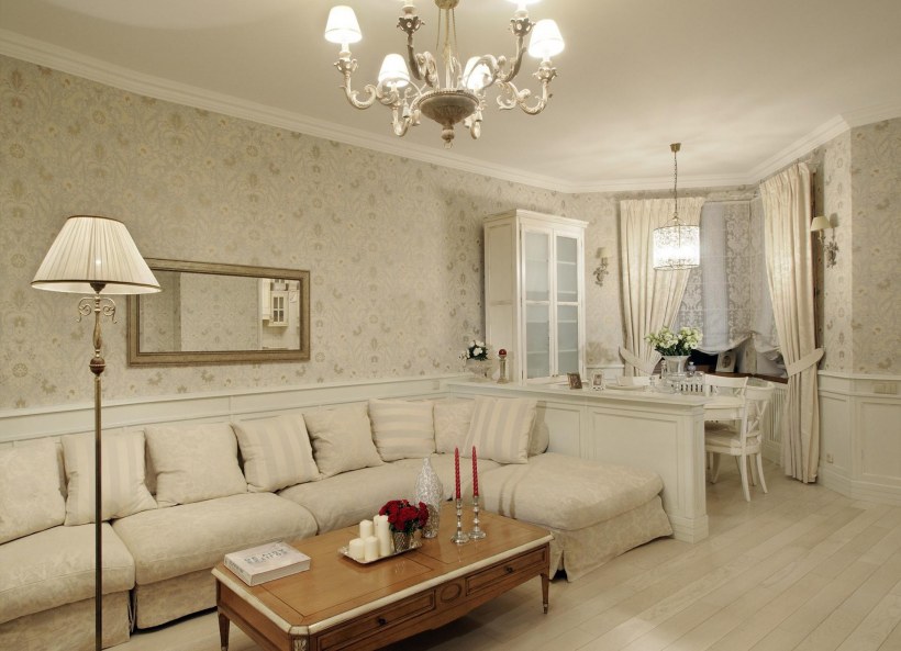 Интерьер гостиной в нюдовых тонах