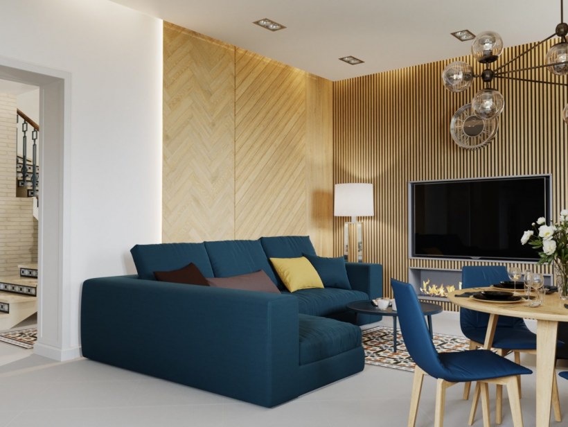 Деревянная стена в гостиной за диваном