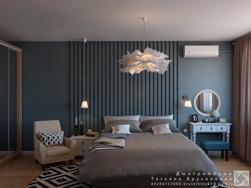 Темно синяя спальня с рейками