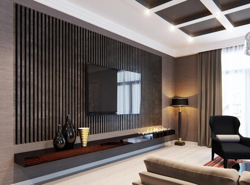 Деревянные рейки в интерьере гостиной