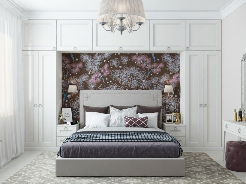 Шкафы с антресолями в спальню над кроватью с высоким изголовьем