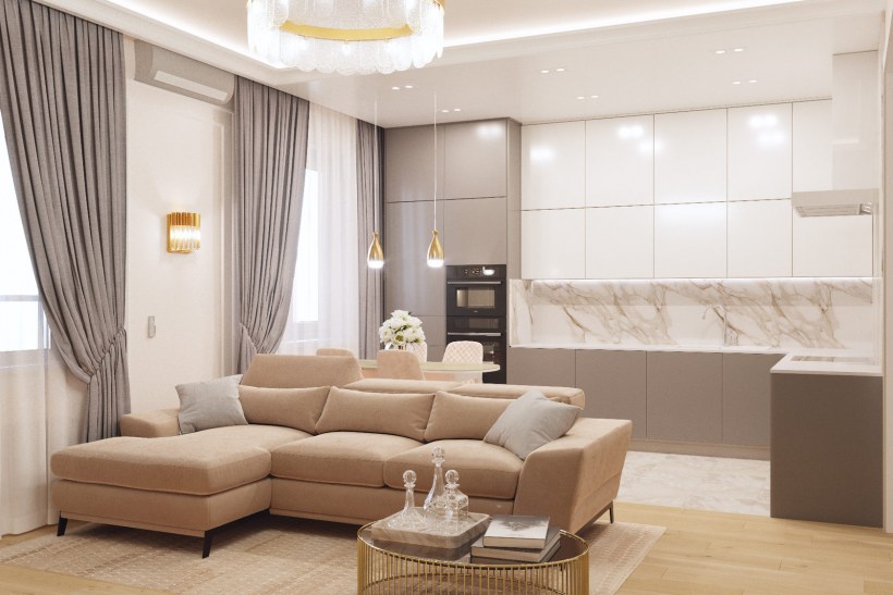 Обои в кухню-гостиную в современном стиле в светлых тонах