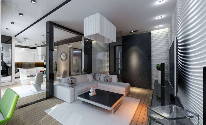 Отделка гостиная в современном стиле совмещенная с кухней таунхаус