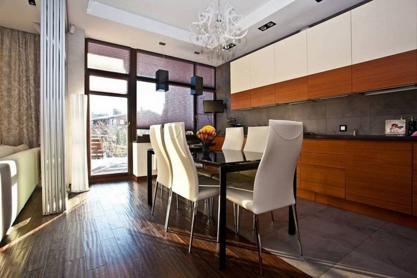 Современный интерьер кухни гостиная в таунхаусе