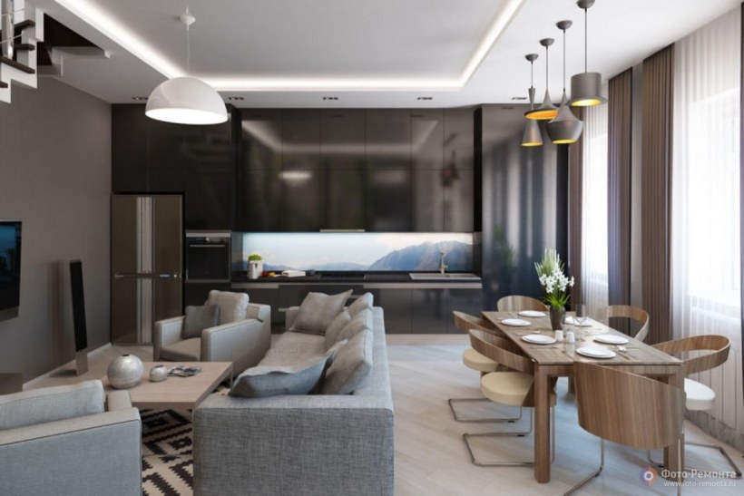 Кухня гостиная в таунхаусе интерьер