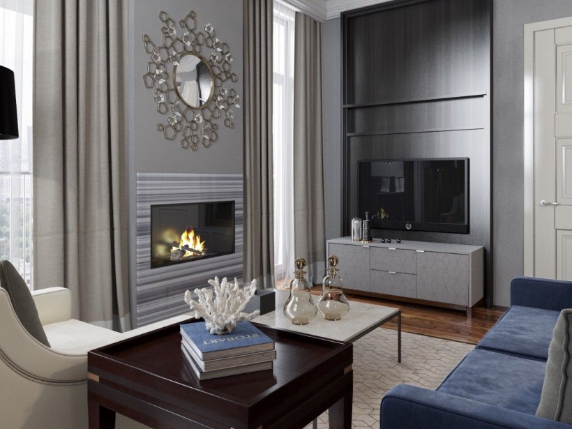 Телевизор на камине в гостиной