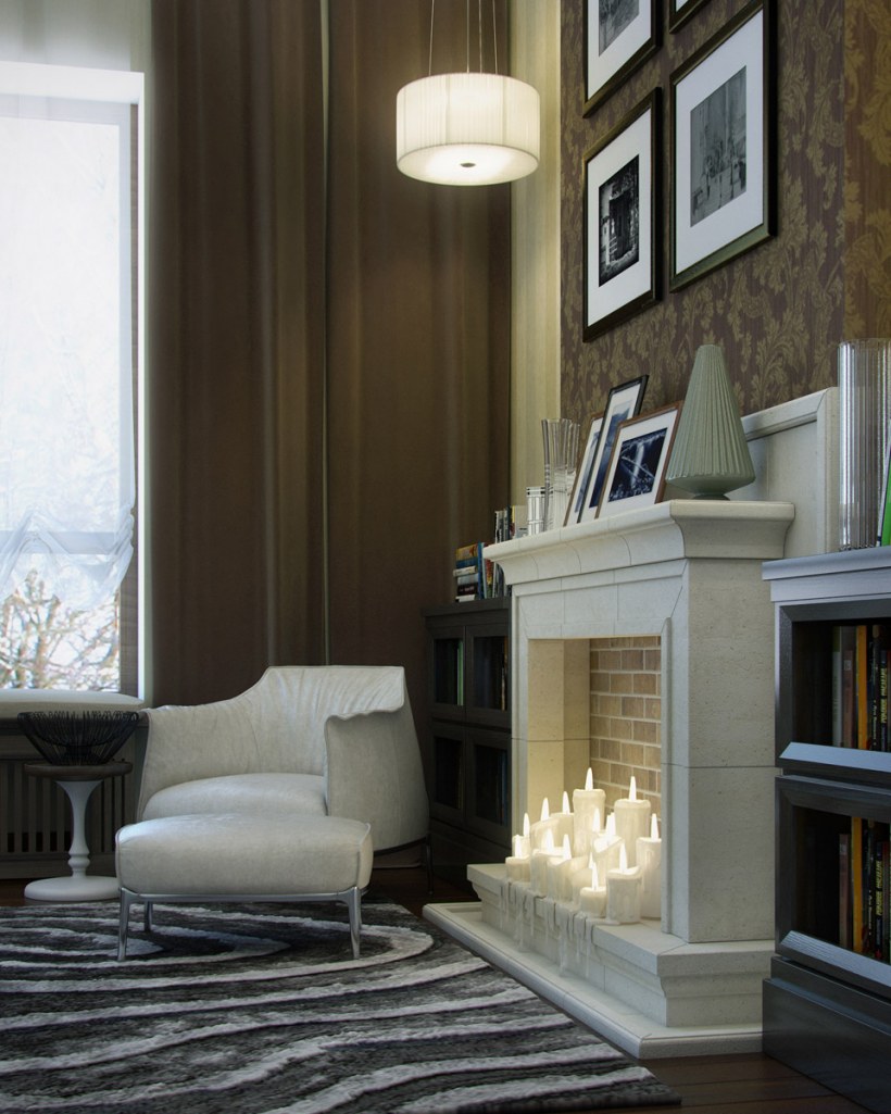 Интерьер гостиной с камином в квартире