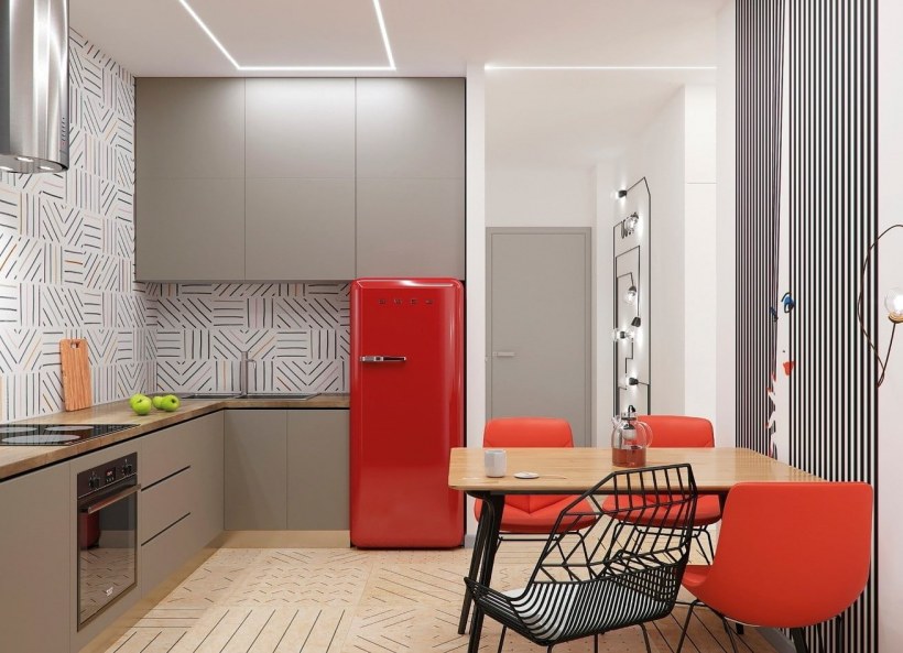 Красно-серая кухня в интерьере