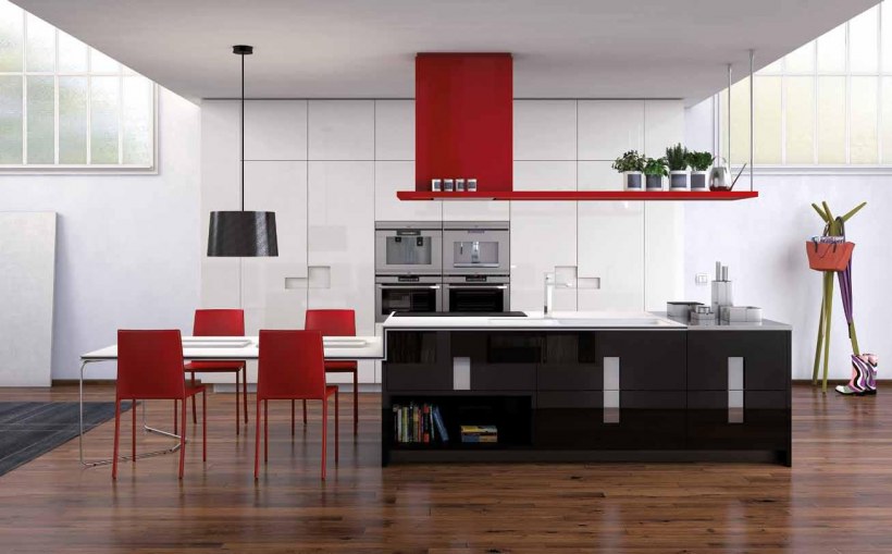 Красный стол в интерьере кухни