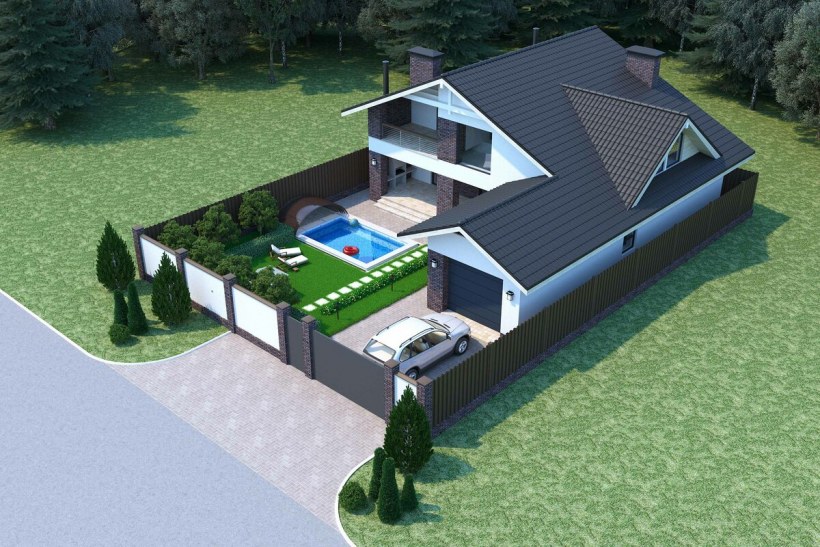 Дом с гаражом и забором