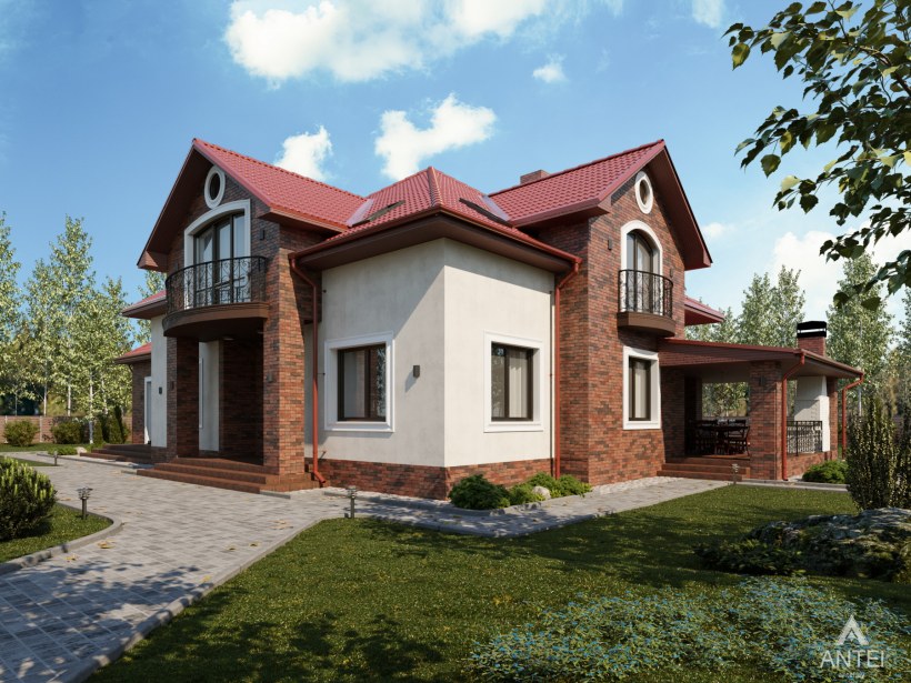 Фасад кирпичного дома с мансардой