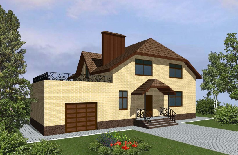 Дом мансардного типа с крыльцом