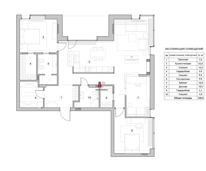 Планировка 4 комнатной квартиры с кухней гостиной