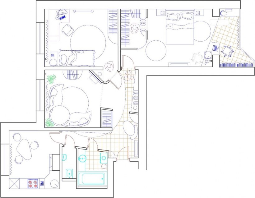 Перепланировка трехкомнатной квартиры п44