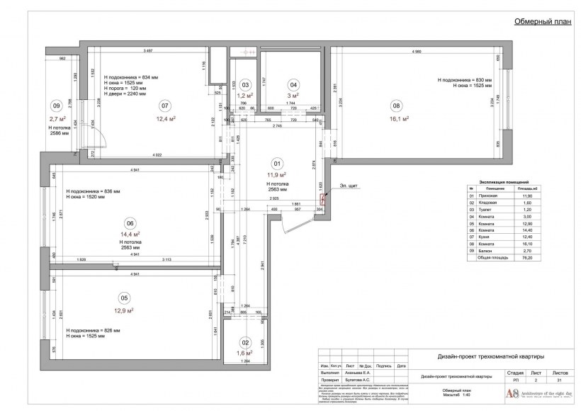 Обмерный план с размерами квартиры трехкомнатной