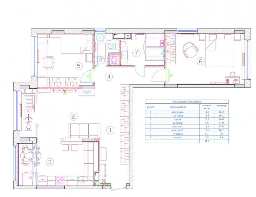 Планировка 2-х комнатной квартиры 63 кв