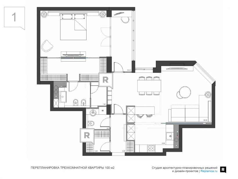 Проект 3 -х комнатной квартиры разрешения 1600х1900