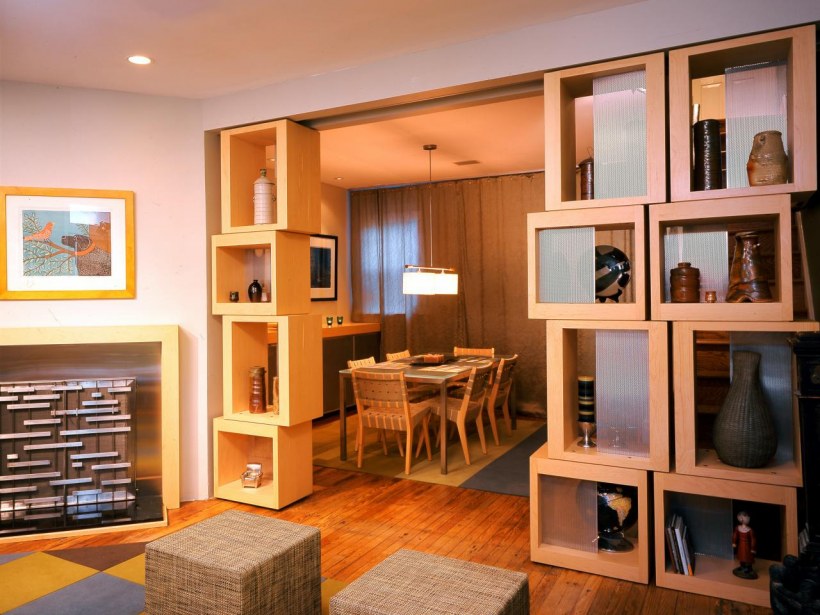 Стеллажи перегородки для зонирования пространства в комнате