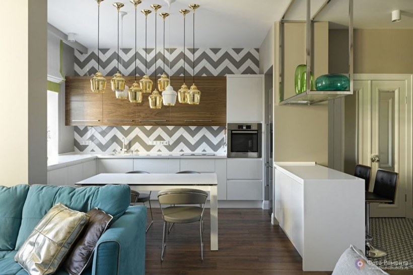 Кухня совмещенная с гостиной в скандинавском стиле