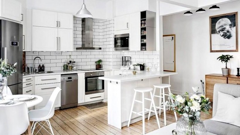 Белая кухня гостиная икеа