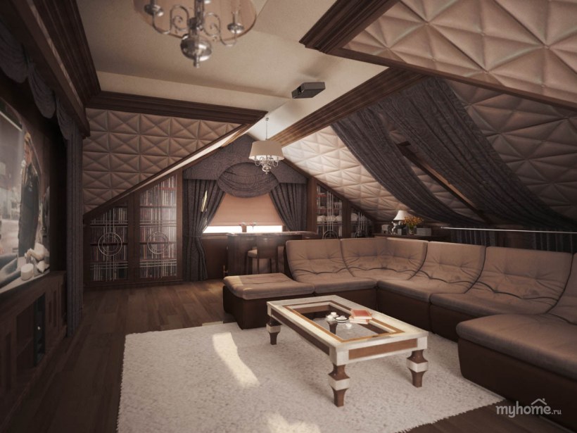 Гостиная на мансардном этаже яркая