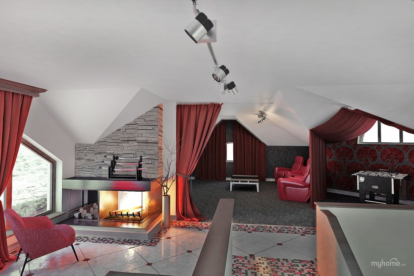 Интерьер мансардного этажа в стиле кинозала