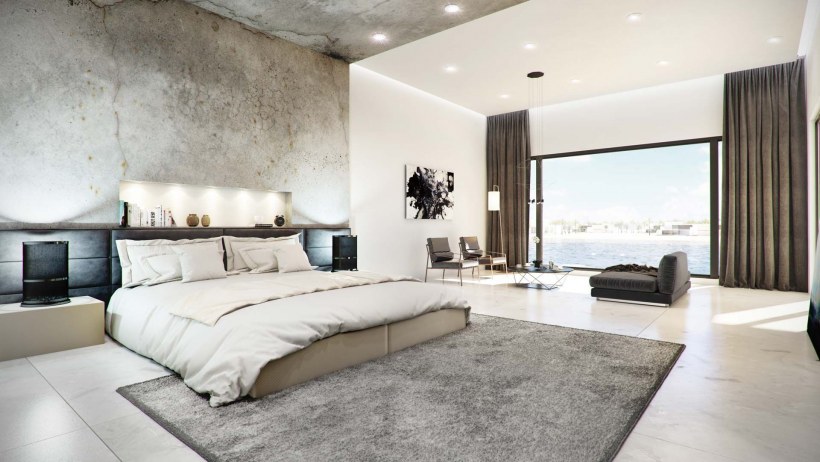 Бетонный потолок в интерьере спальни